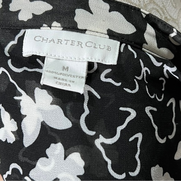 Charter Club Top Butterfly Black White Sheer Button-Front Blouse Women's M - Picture 12 of 12